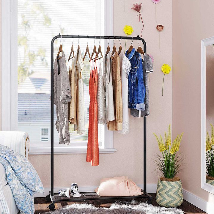 Clothes Rack on Wheels with Dense Mesh Storage Shelf For Bedroom