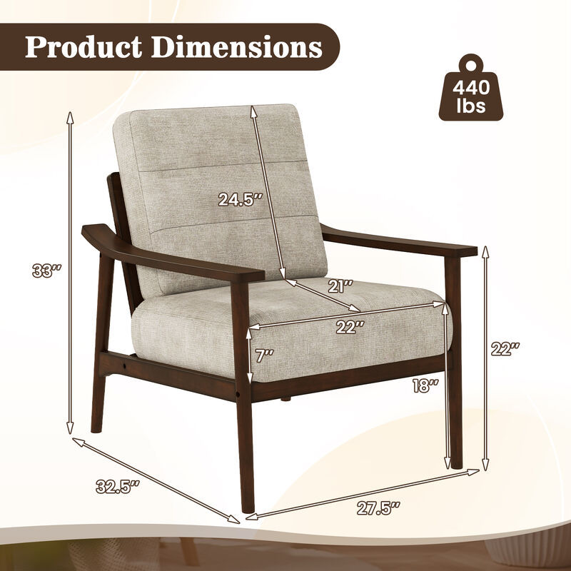 Rubber Wood Frame Modern Accent Chair with Armrests for Living Room Decor