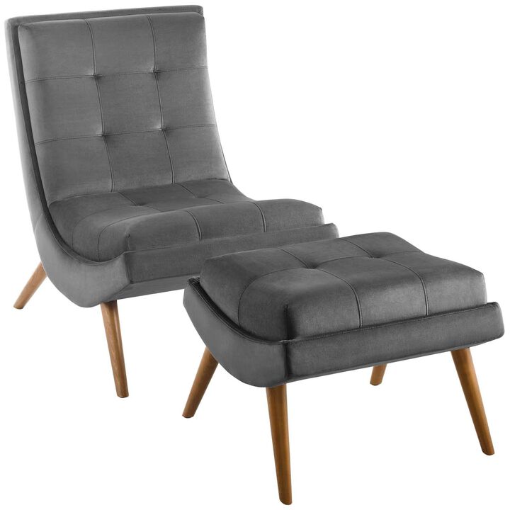 Modway Ramp Biscuit Tufted Performance Velvet Living Room Lounge Chair and Ottoman Set in Gray