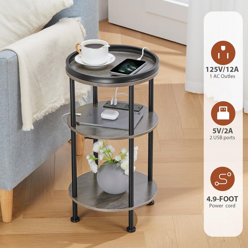 Small Round Side Table with Charging Station for Small Spaces, 3-Tier Round Accent Table with USB Ports & Power Outlets, Round C