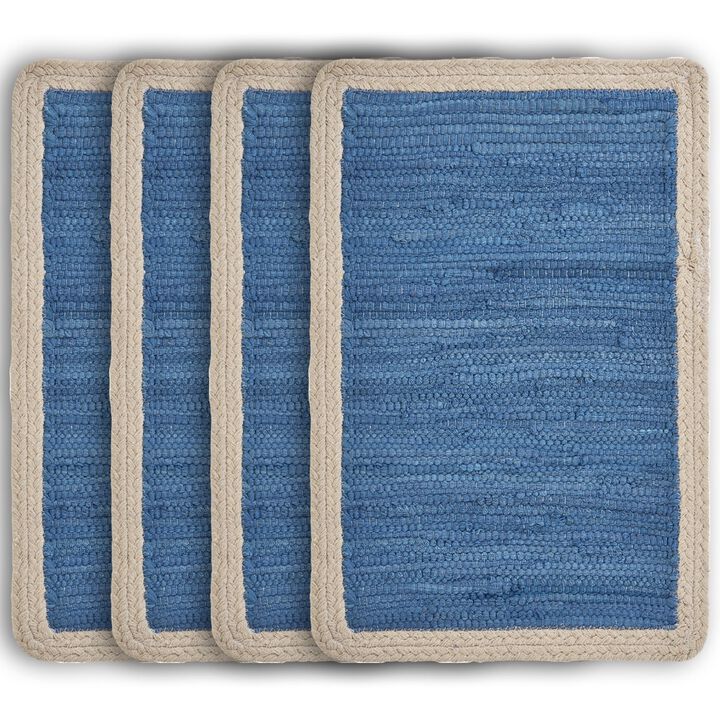 HomeRoots 19" Set of Four Blue And Natural Solid With Border Cotton Placemats