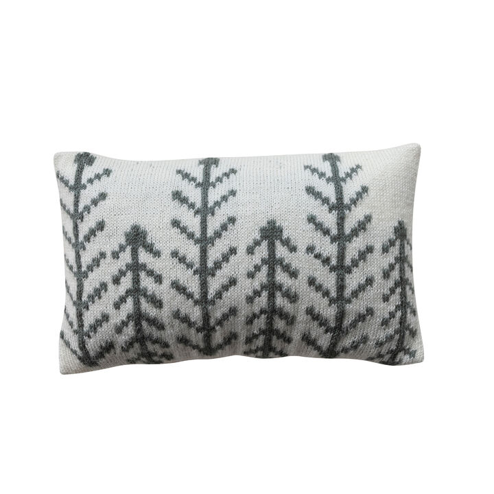 Embroidered Acrylic Blend Lumbar Pillow with Cotton Slub, Cream and Grey