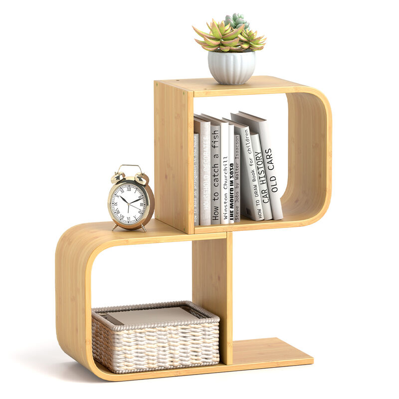 2-Tier S-Shaped Wicker Bookcase with 2 Open Cubes for Living Room