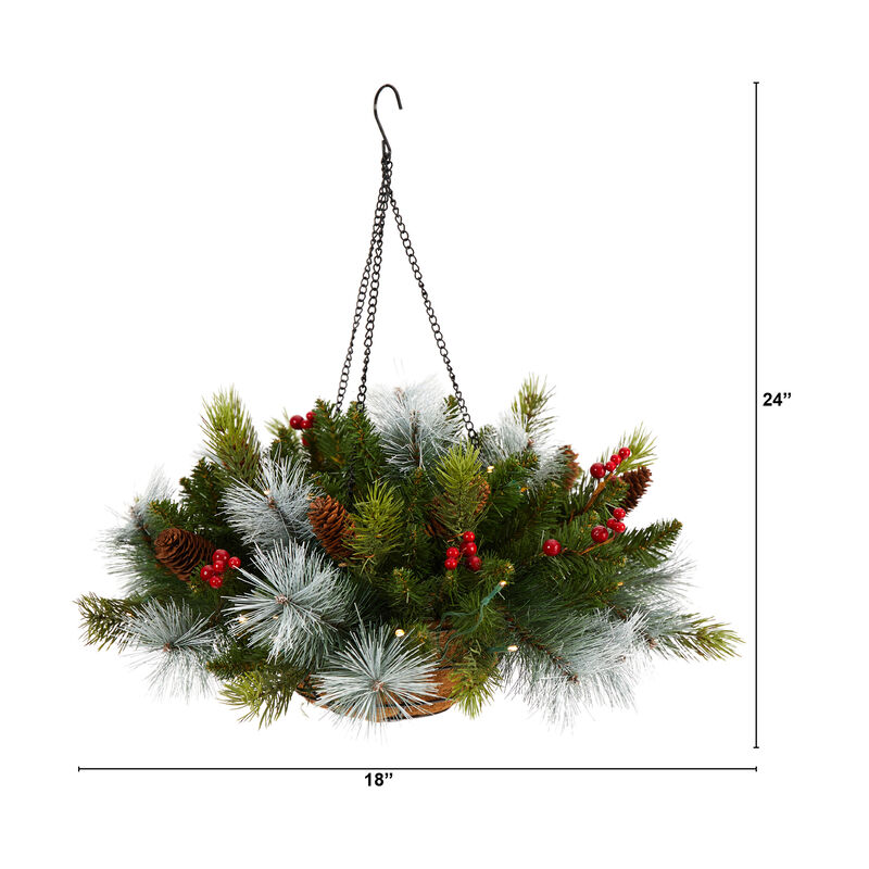 Hivvago 24" Holiday Pre-Lit (30 LED Lights) Pine and Berries Artificial Christmas Hanging Basket, Indoor Outdoor Patio Porch Decor