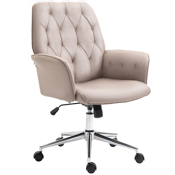 Vinsetto Velvet Home Office Chair, Tufted Height Adjustable Computer Desk Chair with Swivel Wheels and Padded Armrests, Light Gray