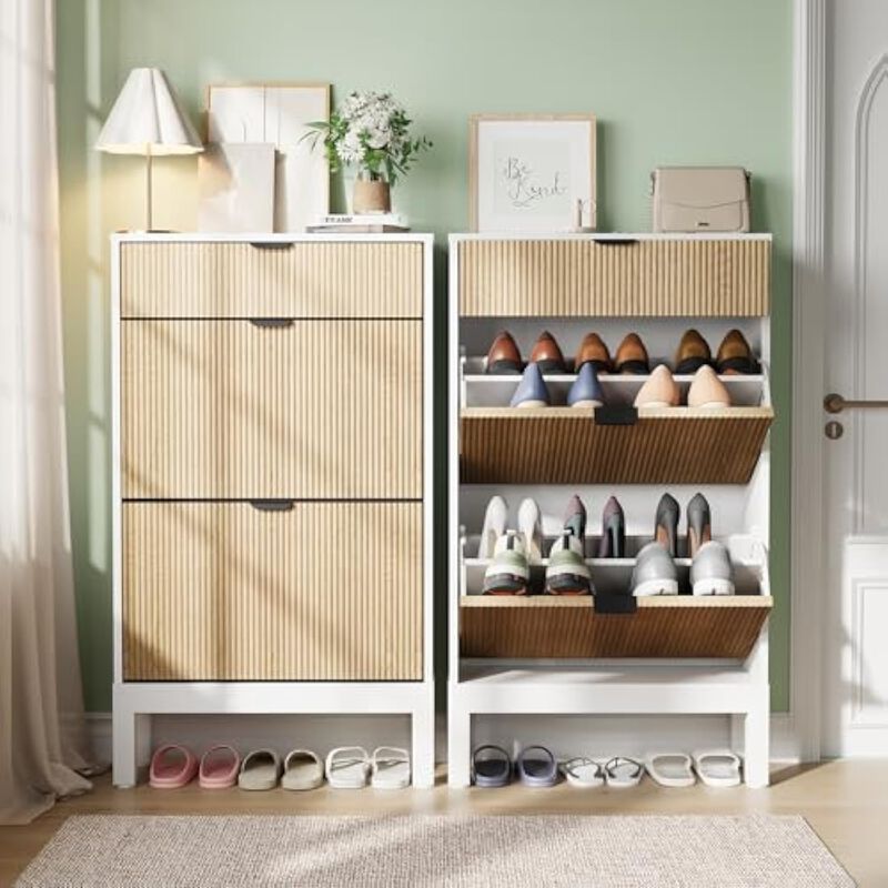 Slim Entryway Wood Shoe Cabinet Flip Drawer Adjustable Space Saving White image number 3