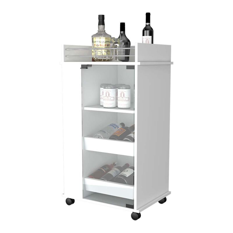 Willow Park Glass Door Bar Cart with Bottle Holder and Casters White