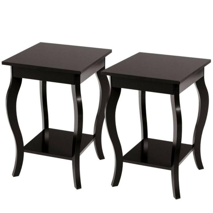 Modern Nightstand End Table with Bottom Shelf in Espresso Wood Finish - Set of 2