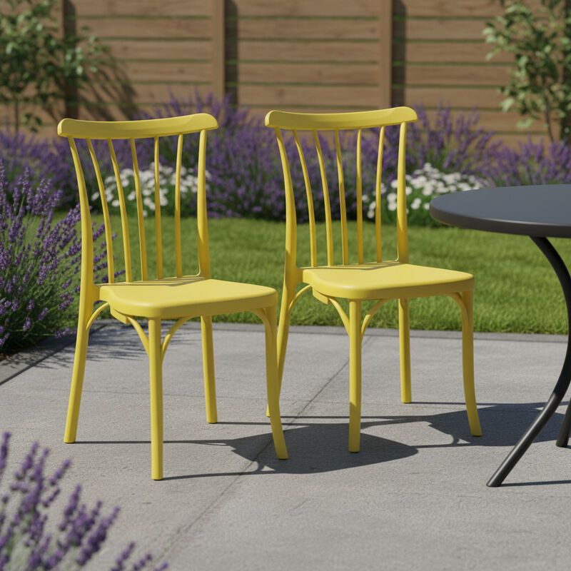 HomeRoots Set of Two Yellow Heavy Duty Plastic Outdoor Stacking Dining Chairs image number 1