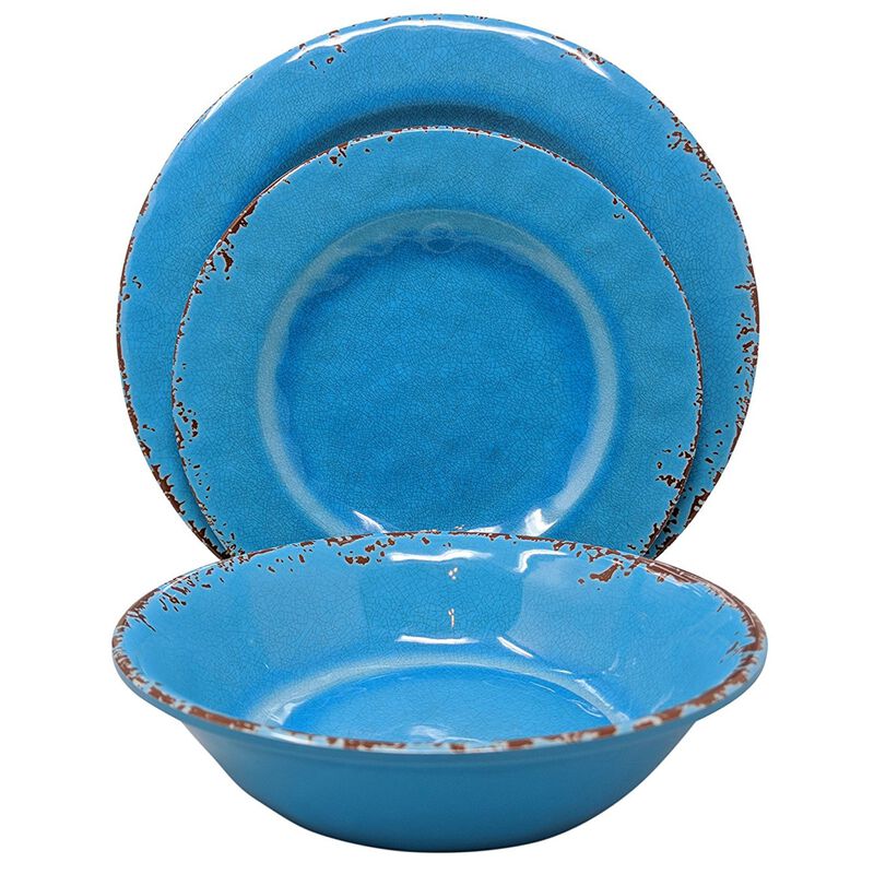 Studio California Mauna 12 Piece Melamine Dinnerware Set in Blue Crackle Look Decal