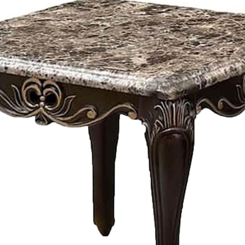 Ery End Table, Dark Walnut Brown Wood, Carved Details, 28 Inch