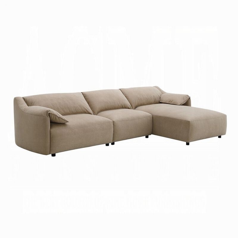 Vety L Shaped Sectional Sofa, Pillow Arm, Light Brown Nubuck Leather - Benzara