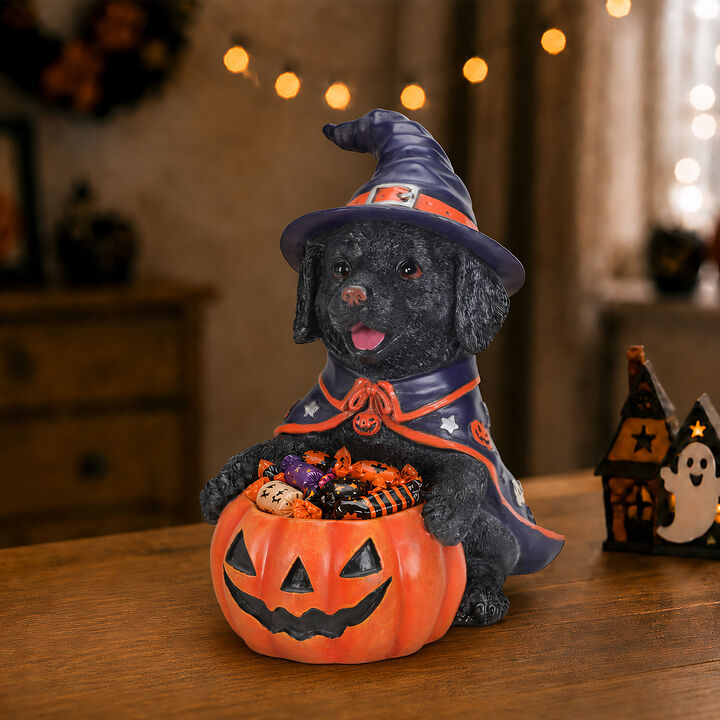 Ripfes Halloween Resin Labrador Witch Figurine with Pumpkin Candy Bowl