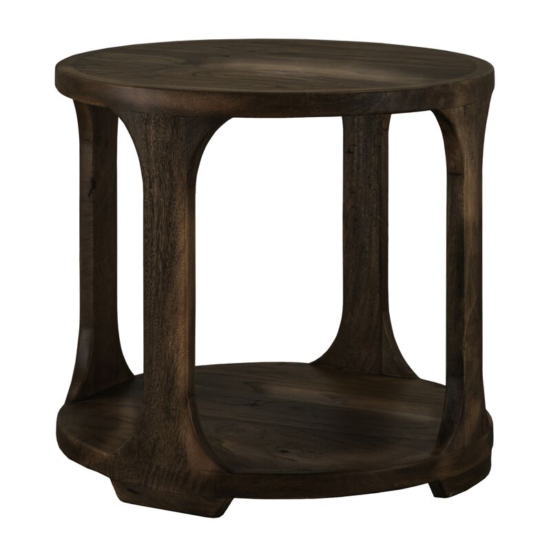 Eray Side End Table, 1 Shelf, Round Open Frame, Black Teak, 26 Inch