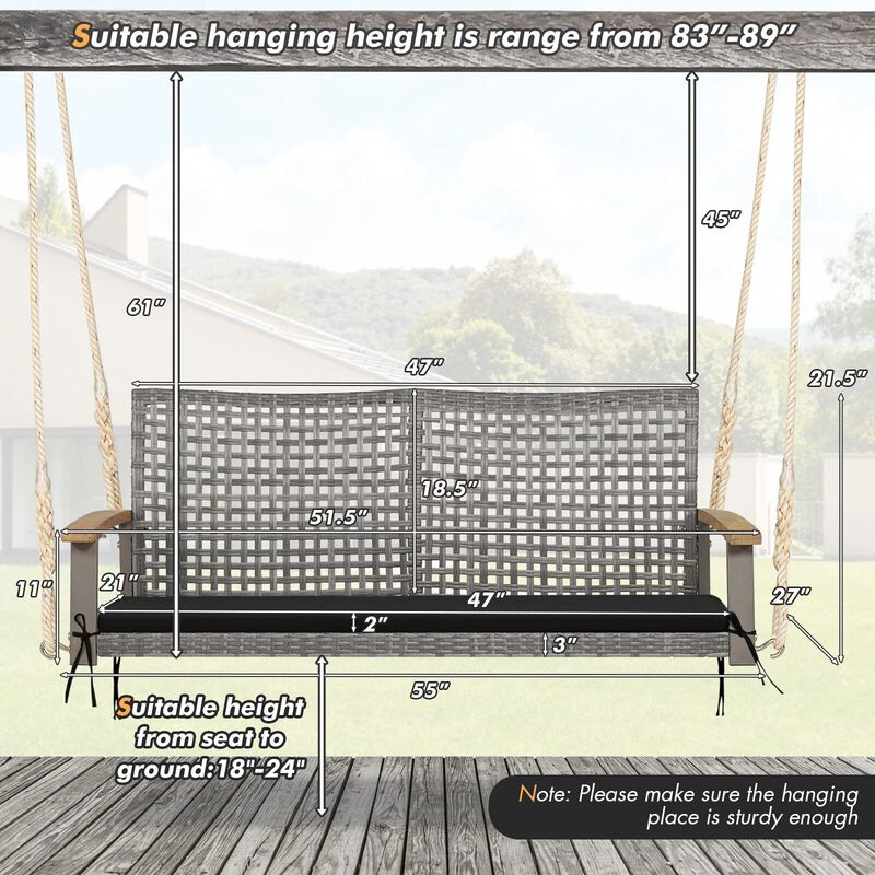 Mondawe 2-Person Patio Rattan Mix Gray Rattan Frame Hanging Porch Swing Chair
