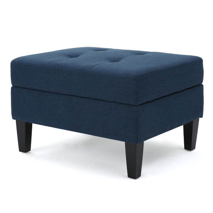 Voil Storage Ottoman, 28 Inch, Navy Blue Fabric, Tapered Wood Legs