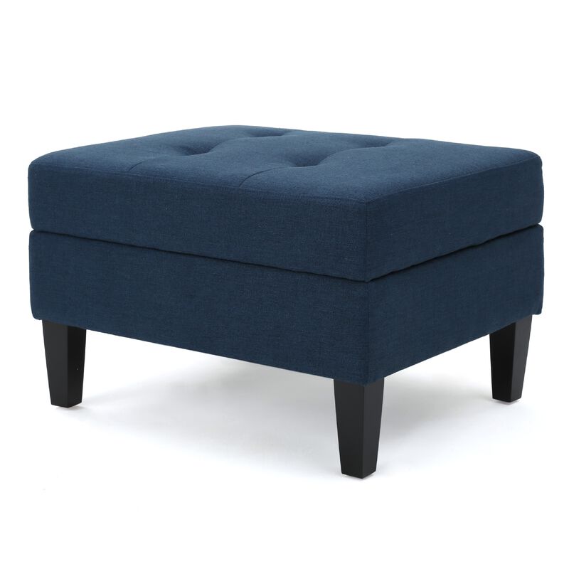 Voil Storage Ottoman, 28 Inch, Navy Blue Fabric, Tapered Wood Legs