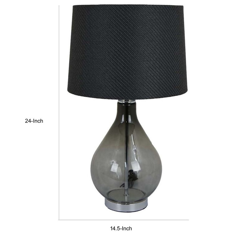 24 Inch Table Lamp, Black Finish Drum Shaped Shade, Bulb Style Glass Body - Benzara