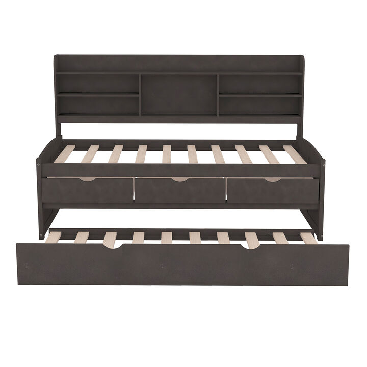 Whisen Twin Size Wooden Captain Bed with Built-in Bookshelves,Three Storage Drawers and Trundle