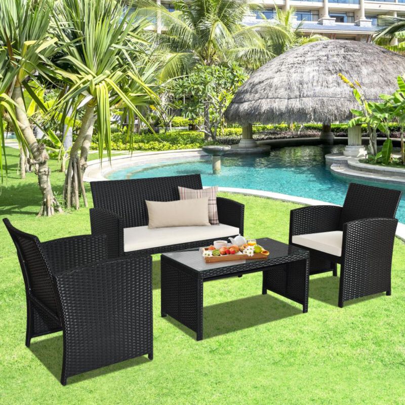 Hivvago 4 Pieces Rattan Patio Furniture Set with Weather Resistant Cushions and Tempered Glass Tabletop