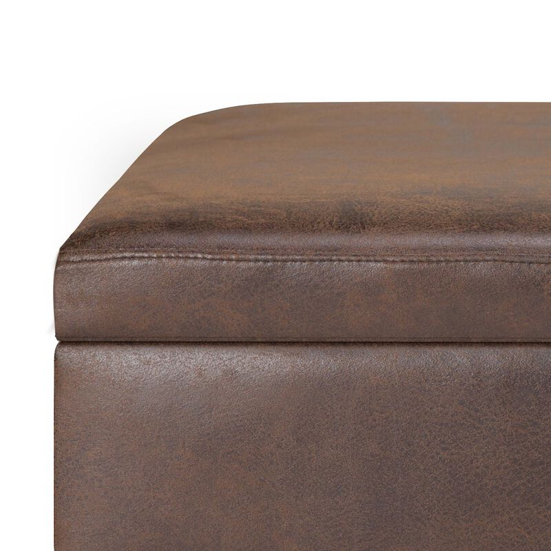 Simpli Home Rectangular Storage Ottoman In Distressed Chestnut Brown Vegan Faux Leather