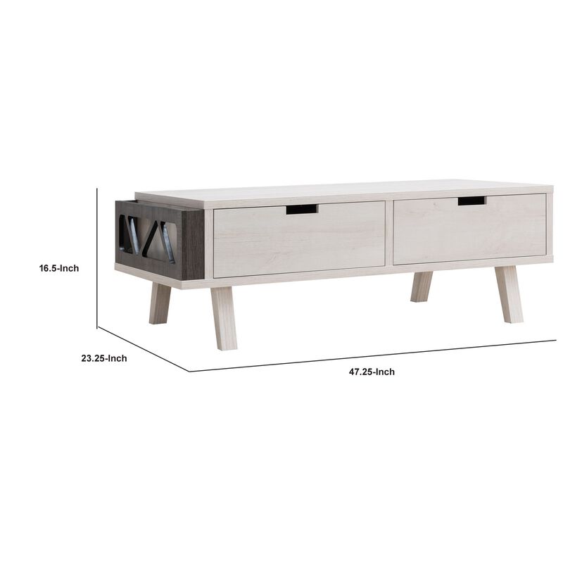 Bev 47 Inch Modern Coffee Table, 2 Drawers, 1 Side Compartment, White, Gray-Benzara image number 5
