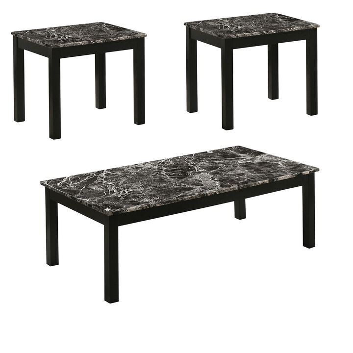 3 Piece Coffee Table and End Table Set, Faux Marble Surface, Black Motif - Benzara