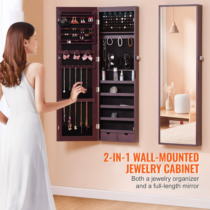 Lockable Mirror Jewelry Cabinet, Wall or Door Mounted Storage Armoire with Hooks & Shelves