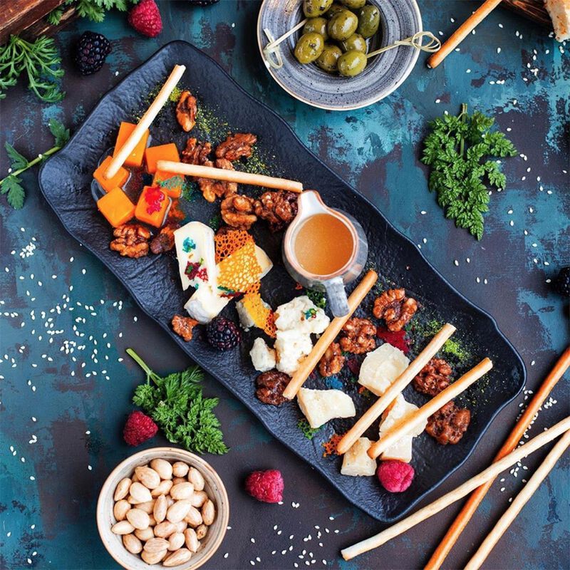 Shade 13.75" x 6" x h:0.75" Rectangular Black Porcelain Platter (Set of 2)