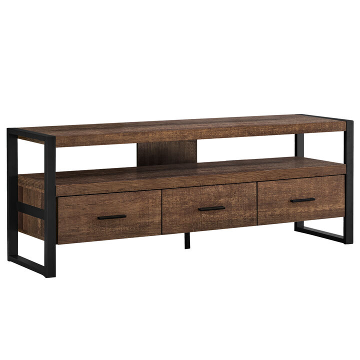 Monarch Specialties I 2820 Tv Stand, 60 Inch, Console, Media Entertainment Center, Storage Drawers, Living Room, Bedroom, Metal, Laminate, Brown, Black, Contemporary, Modern