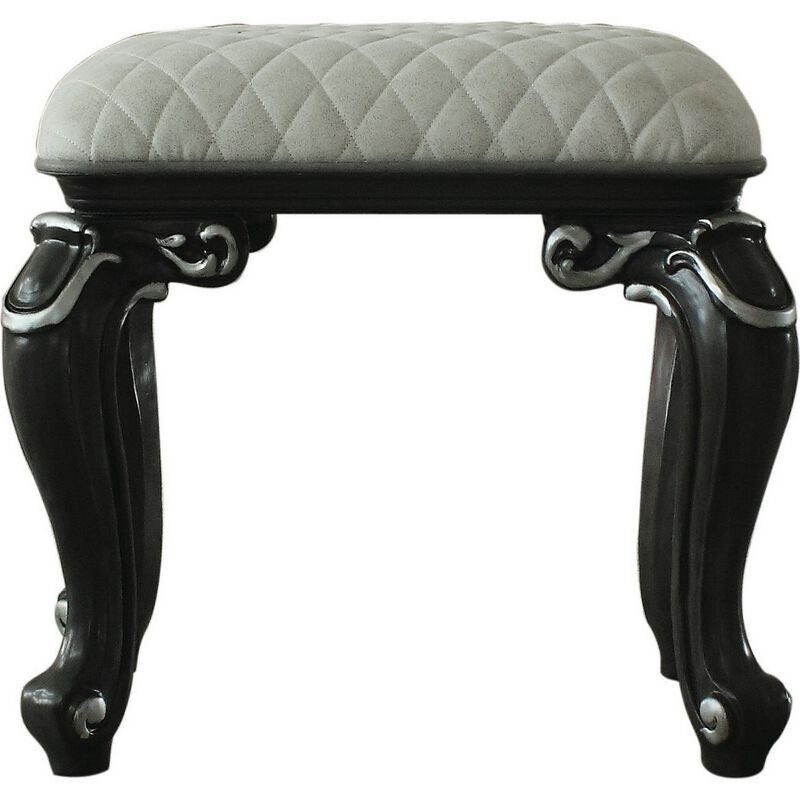 Backless Stool with Cushion Seat and Cabriole Legs, Gray and White - Benzara