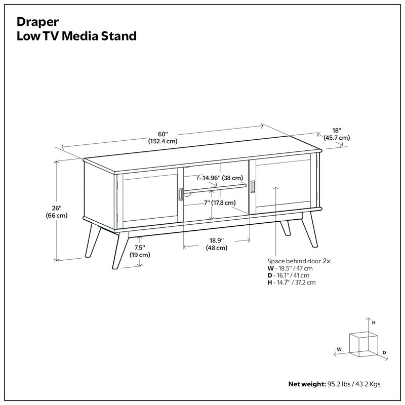 Draper SOLID HARDWOOD 60 inch Wide Mid Century Modern TV Media Stand in Medium Auburn Brown For TVs up to 65 inches