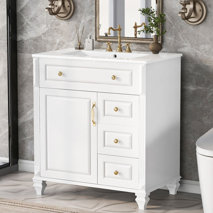 Merax Bathroom Storage Vanity with Classic Black Painted Finish, Panel Details & Decorative Legs