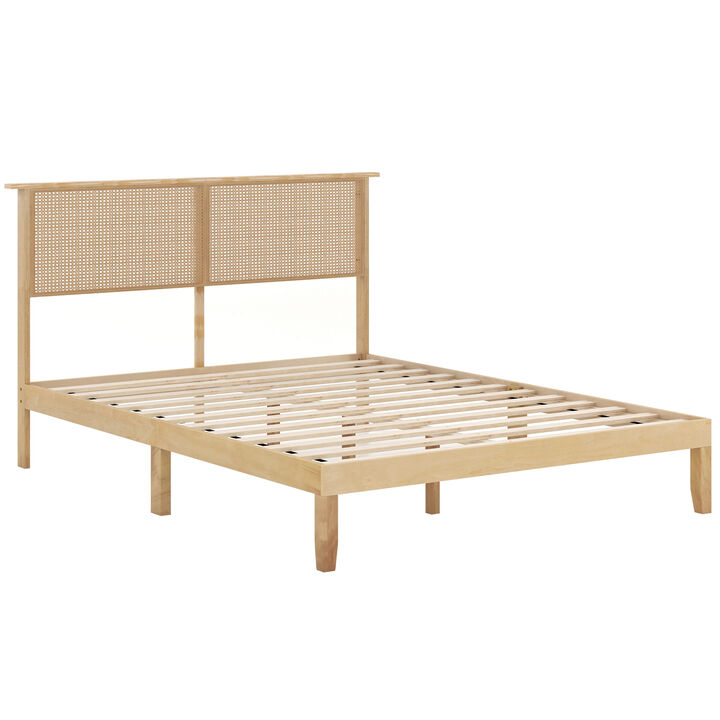 Modern Bed Frame with Rattan Headboard and Wood Slat Support-Natural