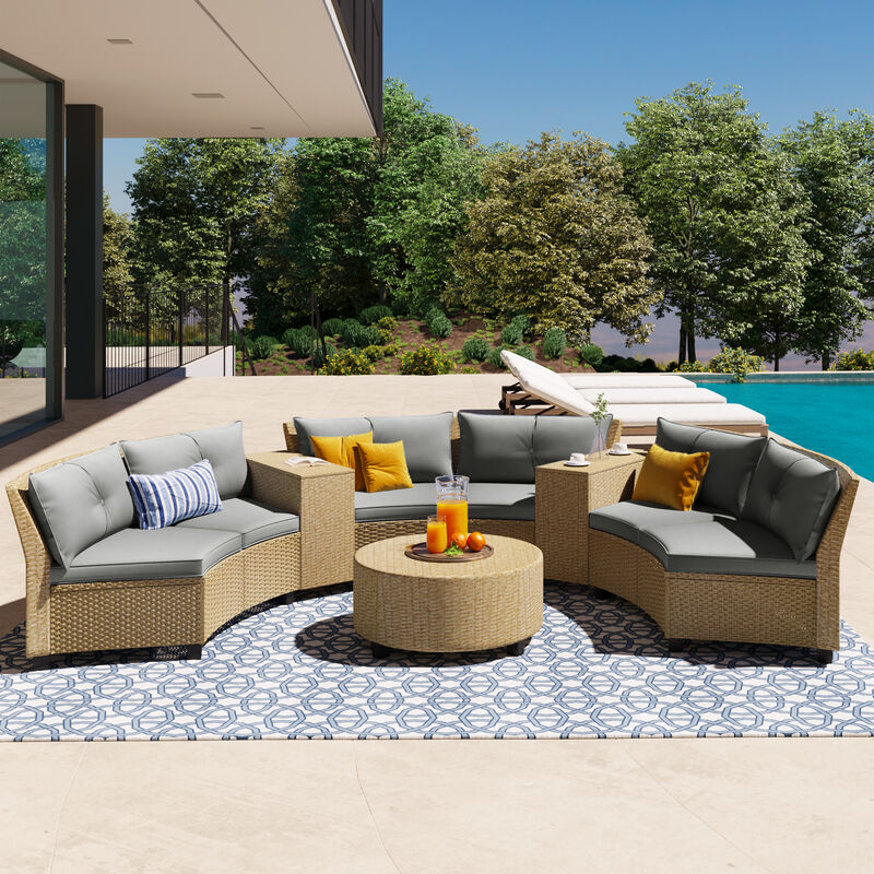 Merax Patio Furniture Set, 6 Piece Patio Conversation Set, Fan-Shaped Rattan Suit Combination with Cushions and Table
