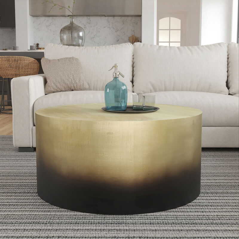 Dyan Coffee Table, 34.5 Inch Round Drum Shape, Black, Gold Antique Brass Ombre