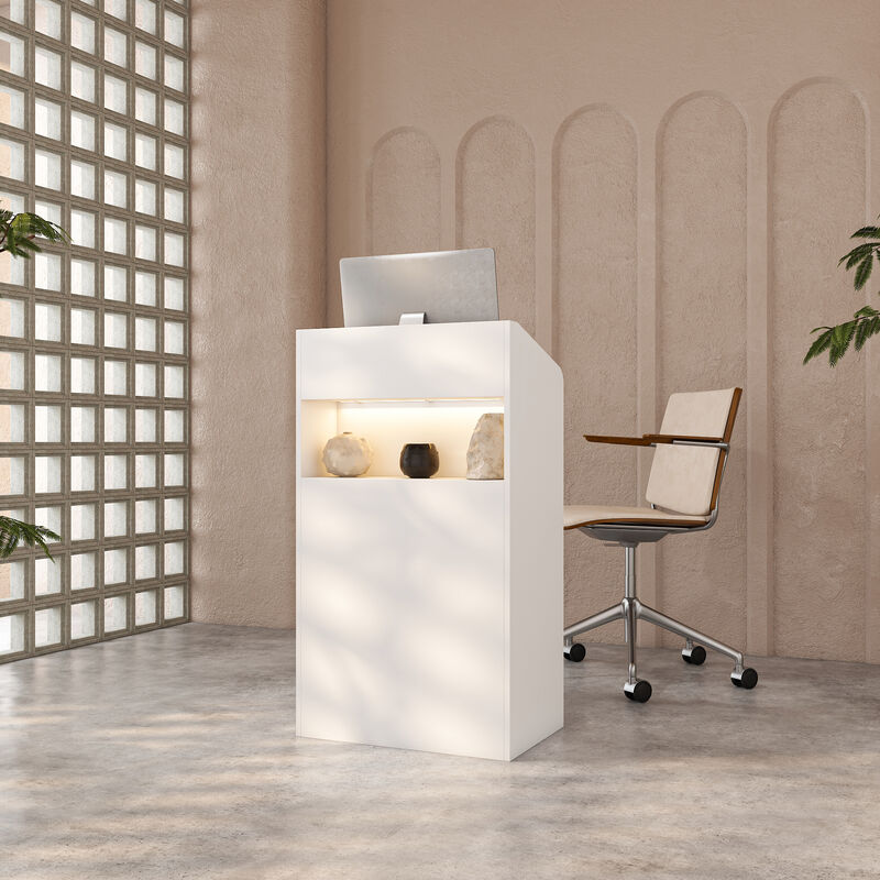 FUFU&GAGA Wooden Reception Desk with Storage Shelves Two Socket Slots 3-Color LED Light and USB Port 23.2 in. W x 15.27 in. D x 41.1 in. H White