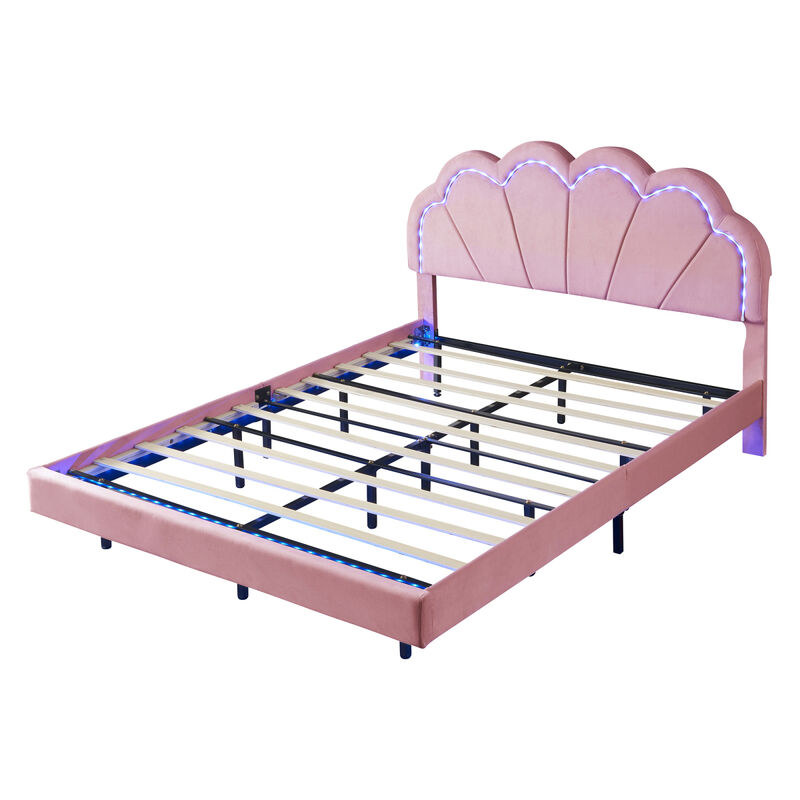 Queen Upholstered Smart LED Bed Frame with Elegant Flowers Headboard, Floating Velvet Platform LED Bed with Wooden Slats Support, Pink