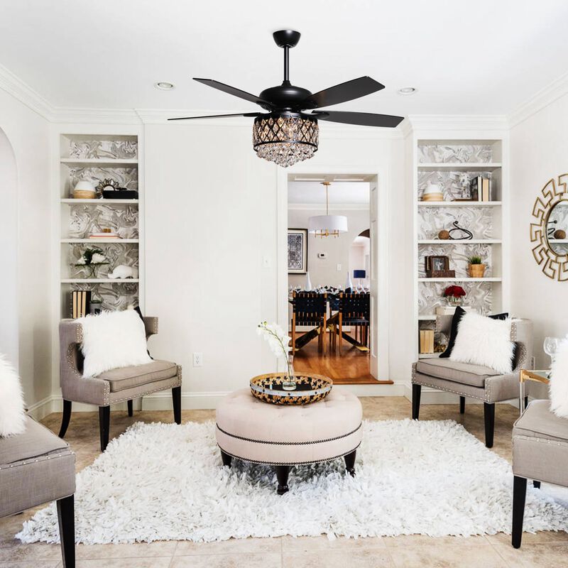 52" Modern Black Crystal Chandelier Indoor Ceiling Fan with Remote