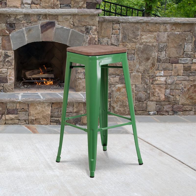 Flash Furniture Lily 30" High Backless Green Metal Barstool with Square Wood Seat image number 1
