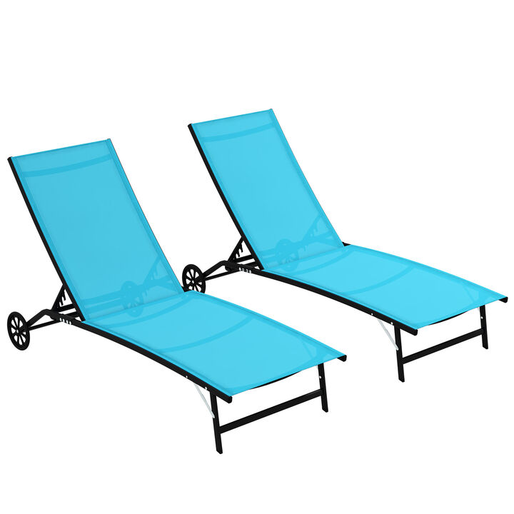 Outsunny Chaise Lounge Outdoor, 2 Piece Lounge Chair with Wheels, Tanning Chair with 5 Adjustable Position for Patio, Beach, Yard, Pool, Blue