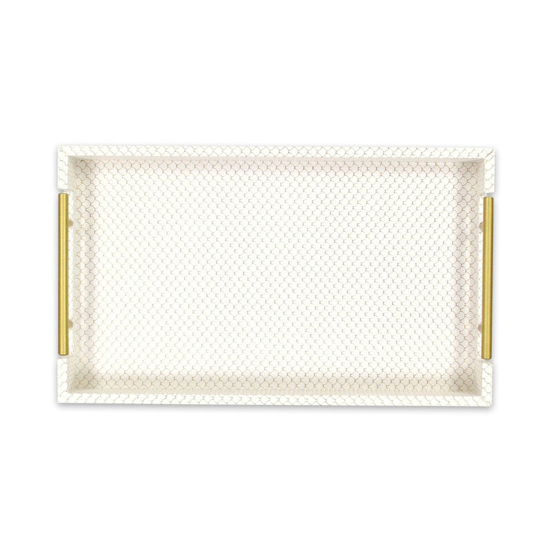 HomeRoots 16" Ivory And Gold Geometric Print Handmade Serving Tray With Handles image number 5