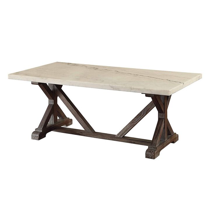 Marble Rectangle Shaped Coffee Table with Wooden Trestle Base