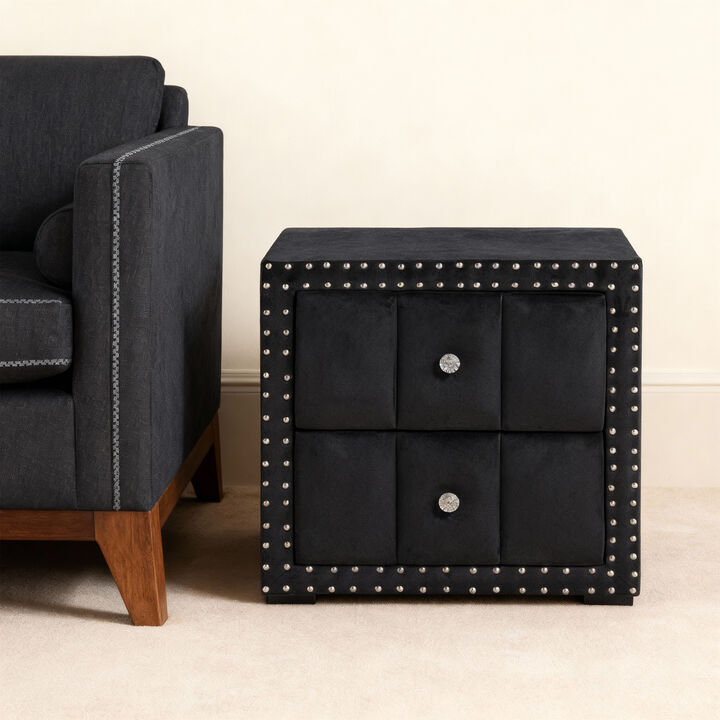 24" Contemporary Black 2-Drawer Nailhead Trim Nightstand End Table
