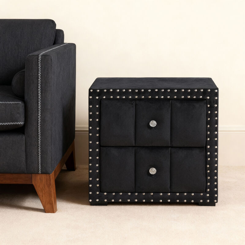 24" Contemporary Black 2-Drawer Nailhead Trim Nightstand End Table