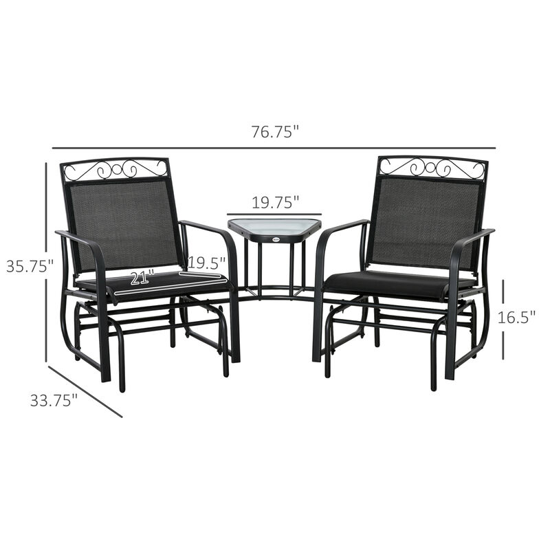 Outsunny Outdoor Glider Chairs with Coffee Table, Patio 2-Seat Rocking Chair Swing with Breathable Sling for Backyard, Garden and Porch, Black