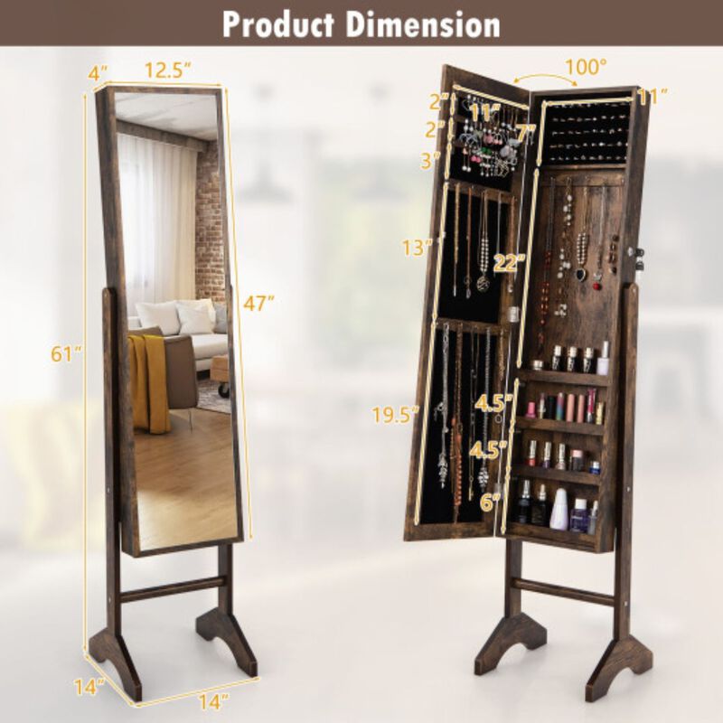 Standing Jewelry Cabinet with Full Length Mirror-Brown