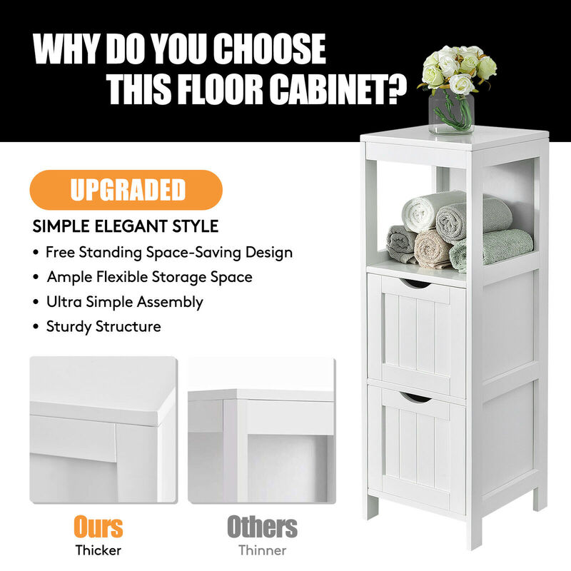Costway Bathroom Floor Cabinet Side Wooden Storage Organizer w/ Removable Drawers White