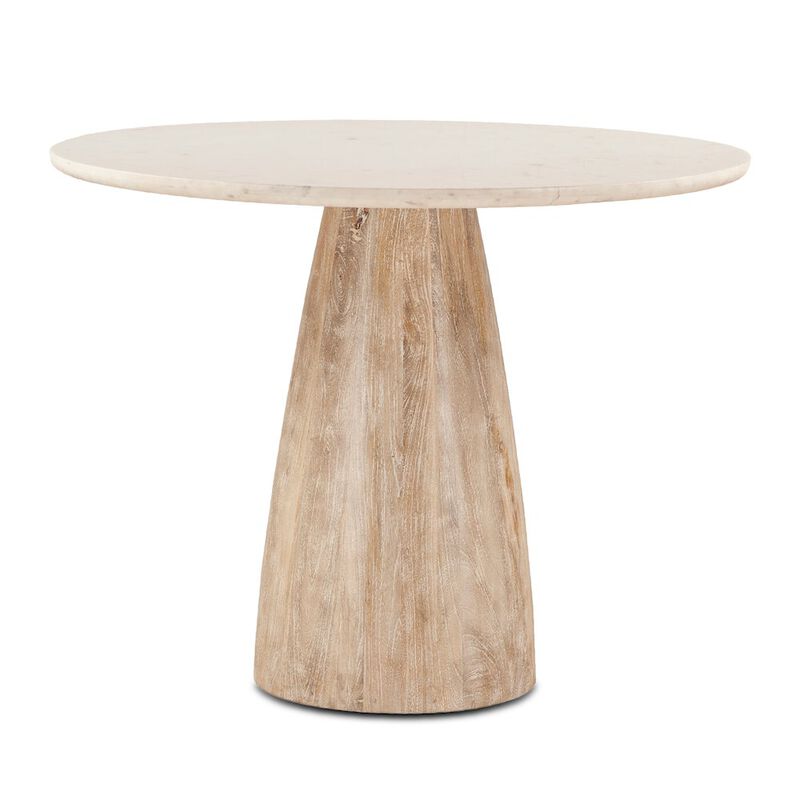 World Interiors Palm Desert Natural White Marble Dining Table with Modern Washed Wood Base