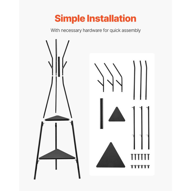 Freestanding Coat Rack with 2 Shelves and 6 Hooks, Entryway Coat Stand image number 8